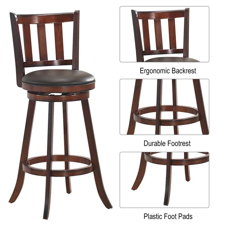 Upholstered Swivel Bar Stools Set of 2, Counter Height Dining Chairs with Back & PVC Cushioned Seat for Kitchen Island, Pub, Living Room