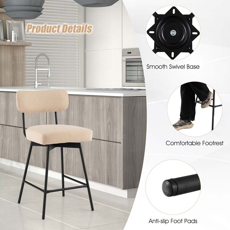Swivel Bar Stools Set of 2, 25" Upholstered Counter Height Bar Chairs with Back, Footrest & Metal Legs for Kitchen Island, Dining Room, Bar