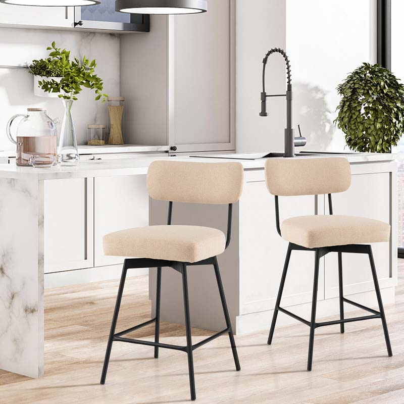 Swivel Bar Stools Set of 2, 25" Upholstered Counter Height Bar Chairs with Back, Footrest & Metal Legs for Kitchen Island, Dining Room, Bar