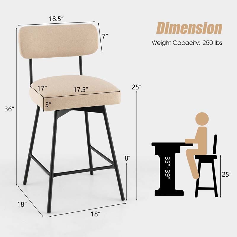 Swivel Bar Stools Set of 2, 25" Upholstered Counter Height Bar Chairs with Back, Footrest & Metal Legs for Kitchen Island, Dining Room, Bar