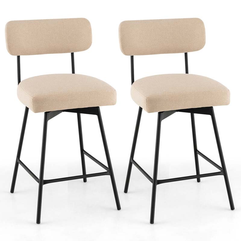 2 Pcs 360° Swivel Bar Stools 25" Upholstered Bar Height Dining Chairs with Back, Metal Legs & Footrests