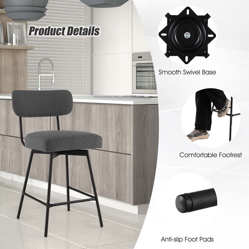 Swivel Bar Stools Set of 2, 25" Upholstered Counter Height Bar Chairs with Back, Footrest & Metal Legs for Kitchen Island, Dining Room, Bar