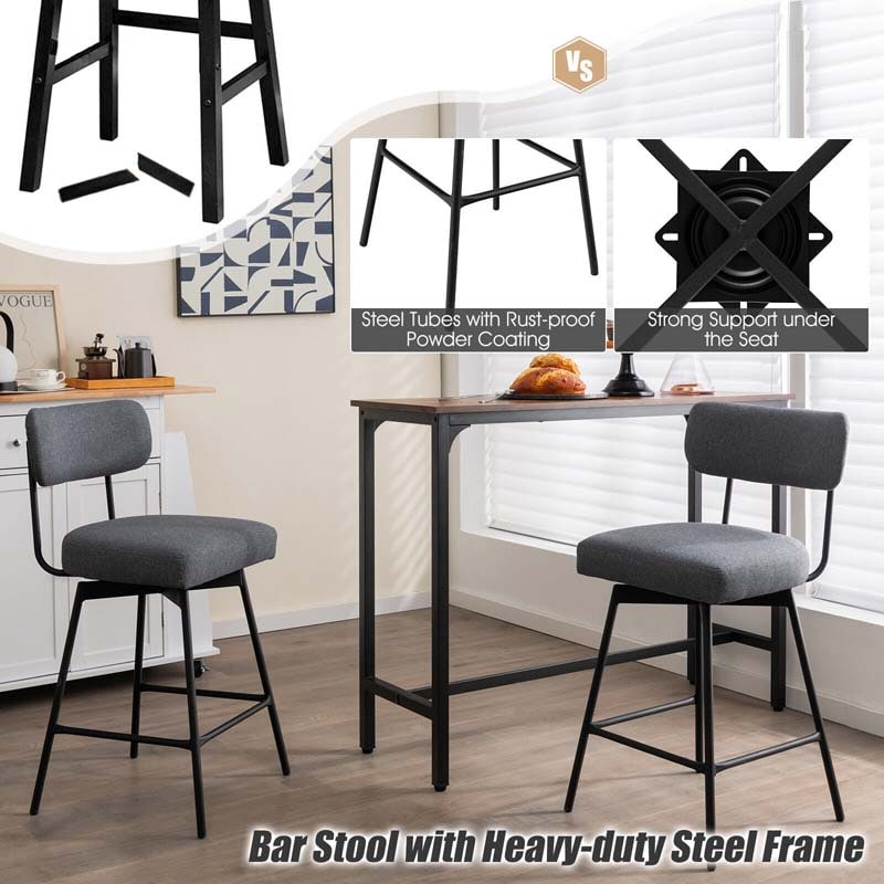 Swivel Bar Stools Set of 2, 25" Upholstered Counter Height Bar Chairs with Back, Footrest & Metal Legs for Kitchen Island, Dining Room, Bar