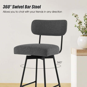 2 Pcs 360° Swivel Bar Stools 25" Upholstered Bar Height Dining Chairs with Back, Metal Legs & Footrests