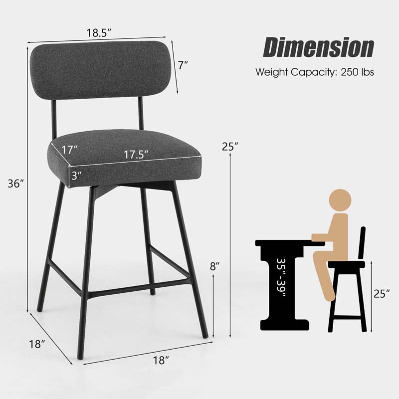 Swivel Bar Stools Set of 2, 25" Upholstered Counter Height Bar Chairs with Back, Footrest & Metal Legs for Kitchen Island, Dining Room, Bar
