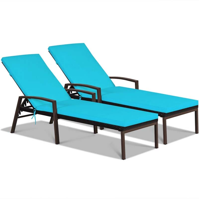 Set of 2 Patio Rattan Chaise Lounge Chairs, Outdoor Reclining Pool Sun Loungers with 5-Position Adjustable Backrest, Cushions & Armrests