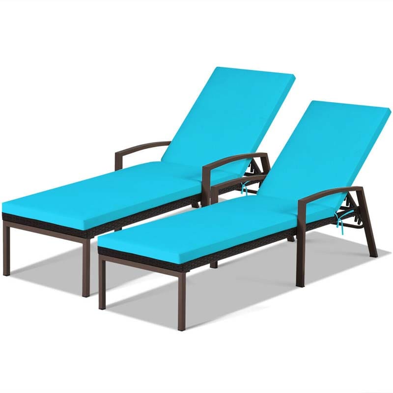 Set of 2 Patio Rattan Chaise Lounge Chairs, Outdoor Reclining Pool Sun Loungers with 5-Position Adjustable Backrest, Cushions & Armrests