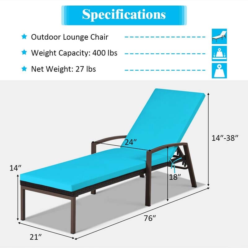 Set of 2 Patio Rattan Chaise Lounge Chairs, Outdoor Reclining Pool Sun Loungers with 5-Position Adjustable Backrest, Cushions & Armrests