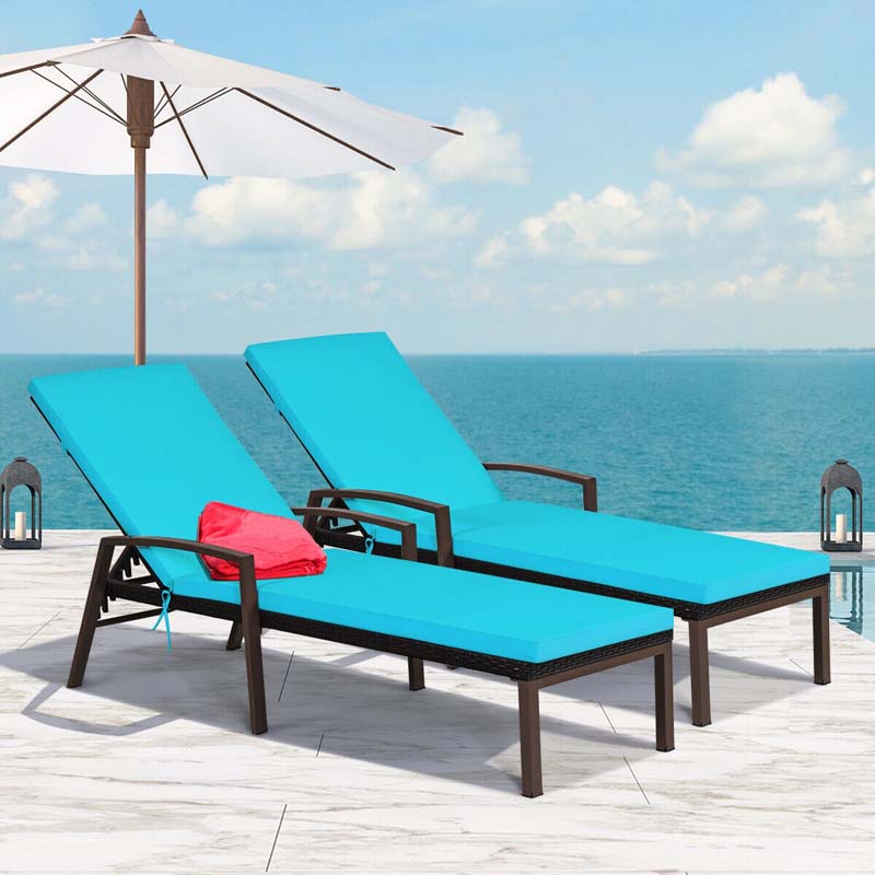 Set of 2 Patio Rattan Chaise Lounge Chairs, Outdoor Reclining Pool Sun Loungers with 5-Position Adjustable Backrest, Cushions & Armrests