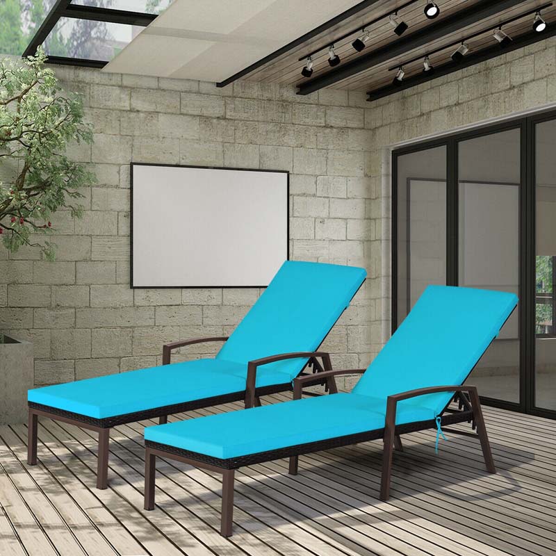 Set of 2 Patio Rattan Chaise Lounge Chairs, Outdoor Reclining Pool Sun Loungers with 5-Position Adjustable Backrest, Cushions & Armrests