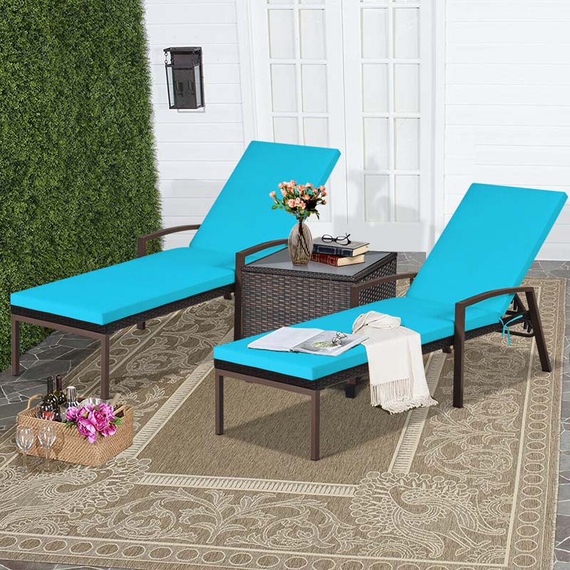 Set of 2 Patio Rattan Chaise Lounge Chairs, Outdoor Reclining Pool Sun Loungers with 5-Position Adjustable Backrest, Cushions & Armrests