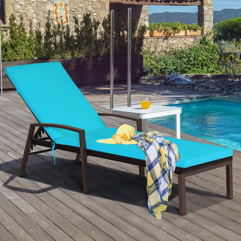 Set of 2 Patio Rattan Chaise Lounge Chairs, Outdoor Reclining Pool Sun Loungers with 5-Position Adjustable Backrest, Cushions & Armrests
