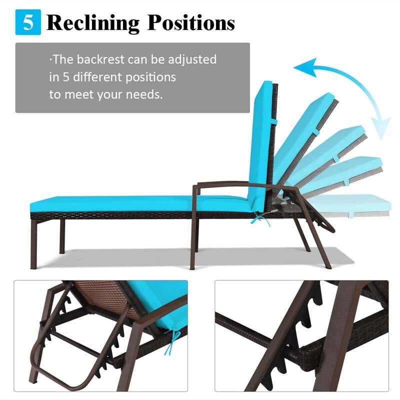Set of 2 Patio Rattan Chaise Lounge Chairs, Outdoor Reclining Pool Sun Loungers with 5-Position Adjustable Backrest, Cushions & Armrests