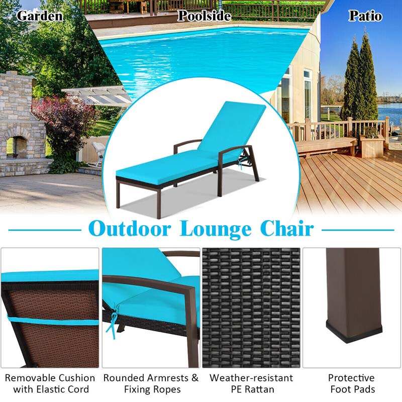 Set of 2 Patio Rattan Chaise Lounge Chairs, Outdoor Reclining Pool Sun Loungers with 5-Position Adjustable Backrest, Cushions & Armrests