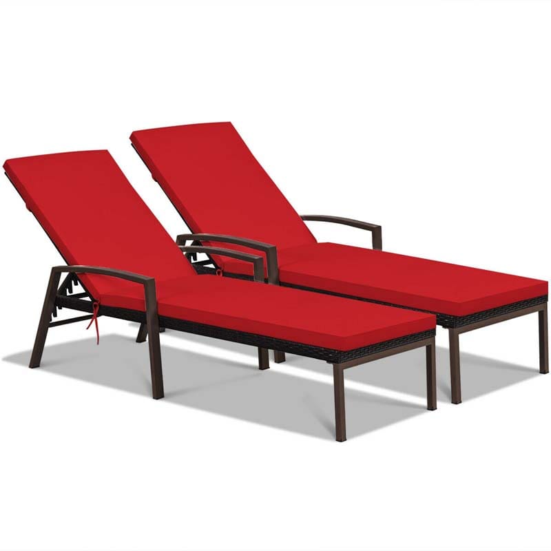 Set of 2 Patio Rattan Chaise Lounge Chairs, Outdoor Reclining Pool Sun Loungers with 5-Position Adjustable Backrest, Cushions & Armrests