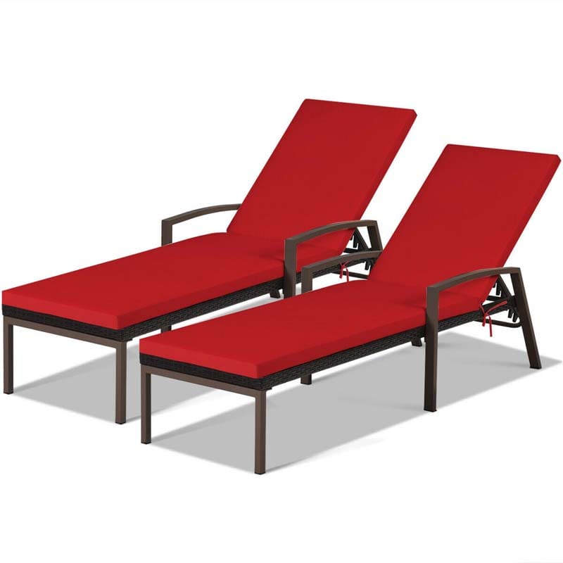 Set of 2 Patio Rattan Chaise Lounge Chairs, Outdoor Reclining Pool Sun Loungers with 5-Position Adjustable Backrest, Cushions & Armrests