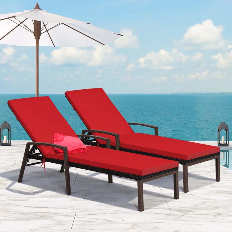 Set of 2 Patio Rattan Chaise Lounge Chairs, Outdoor Reclining Pool Sun Loungers with 5-Position Adjustable Backrest, Cushions & Armrests