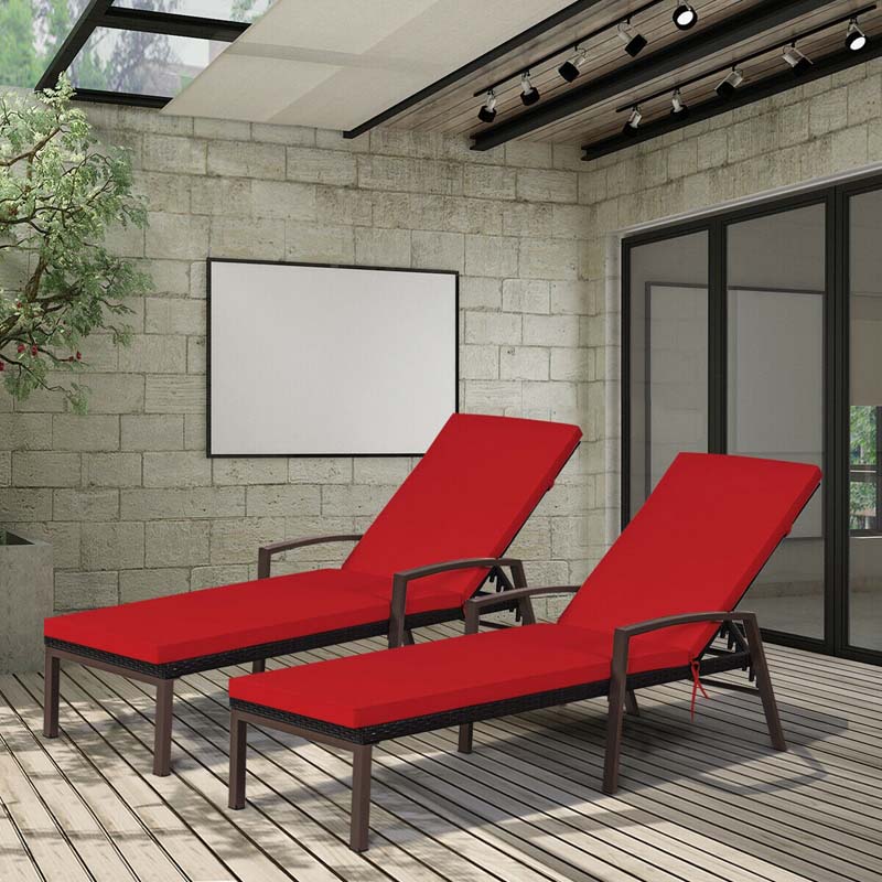 Set of 2 Patio Rattan Chaise Lounge Chairs, Outdoor Reclining Pool Sun Loungers with 5-Position Adjustable Backrest, Cushions & Armrests