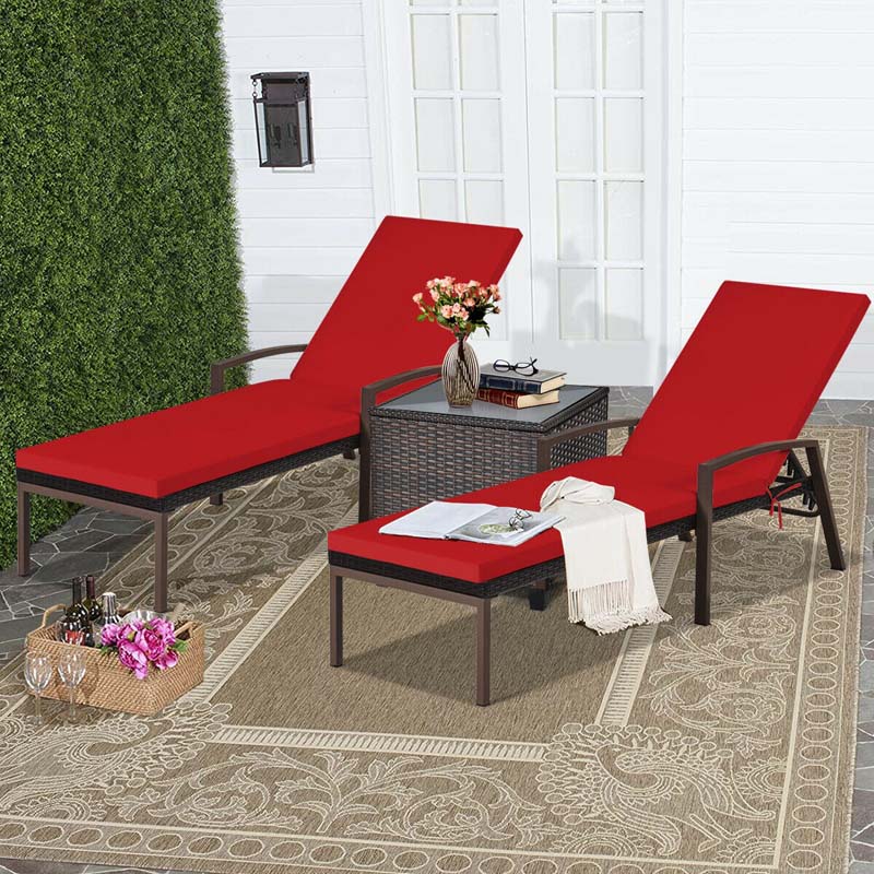 Set of 2 Patio Rattan Chaise Lounge Chairs, Outdoor Reclining Pool Sun Loungers with 5-Position Adjustable Backrest, Cushions & Armrests