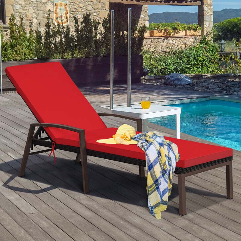 Set of 2 Patio Rattan Chaise Lounge Chairs, Outdoor Reclining Pool Sun Loungers with 5-Position Adjustable Backrest, Cushions & Armrests