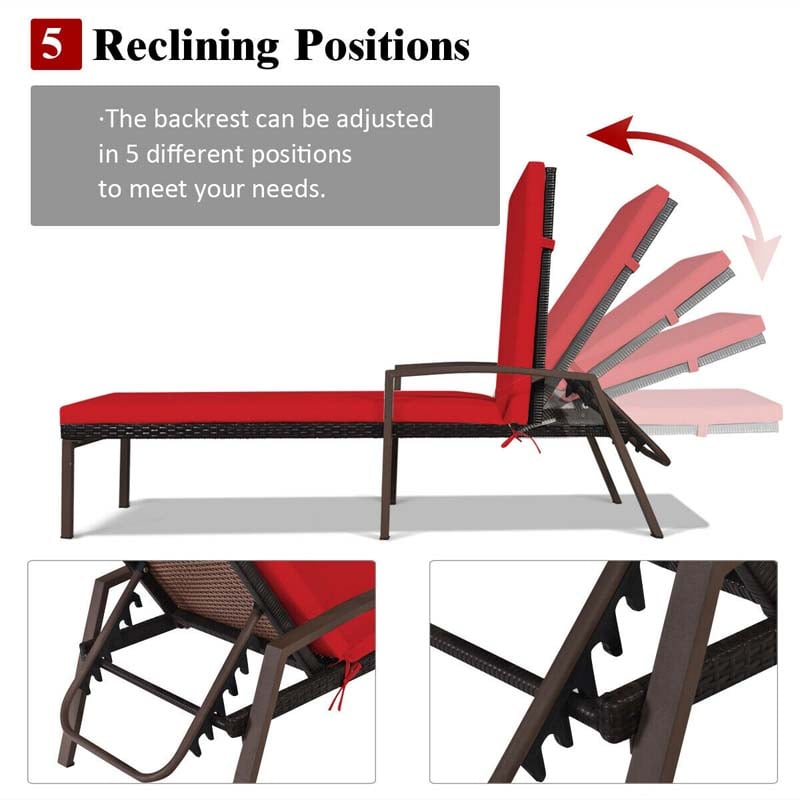 Set of 2 Patio Rattan Chaise Lounge Chairs, Outdoor Reclining Pool Sun Loungers with 5-Position Adjustable Backrest, Cushions & Armrests