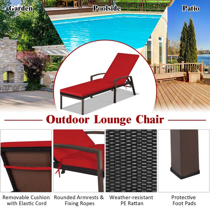 Set of 2 Patio Rattan Chaise Lounge Chairs, Outdoor Reclining Pool Sun Loungers with 5-Position Adjustable Backrest, Cushions & Armrests