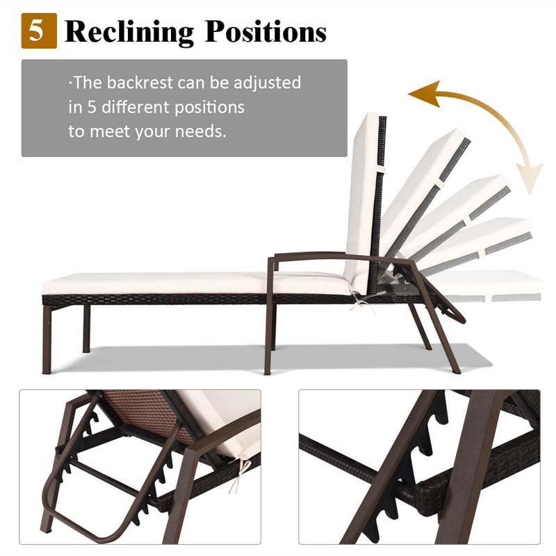 Set of 2 Patio Rattan Chaise Lounge Chairs, Outdoor Reclining Pool Sun Loungers with 5-Position Adjustable Backrest, Cushions & Armrests