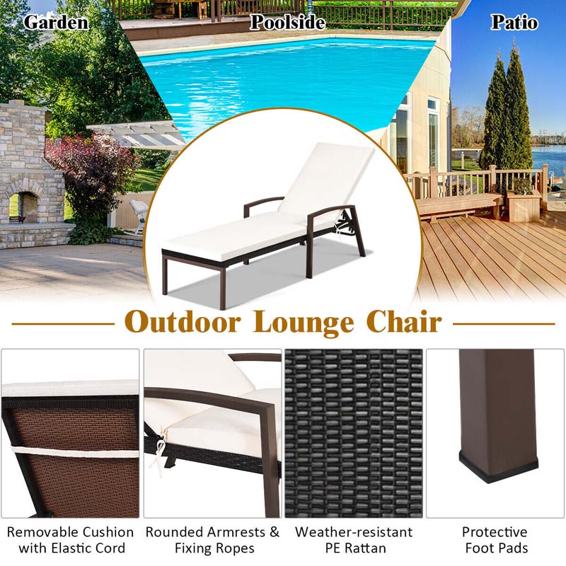 Set of 2 Patio Rattan Chaise Lounge Chairs, Outdoor Reclining Pool Sun Loungers with 5-Position Adjustable Backrest, Cushions & Armrests