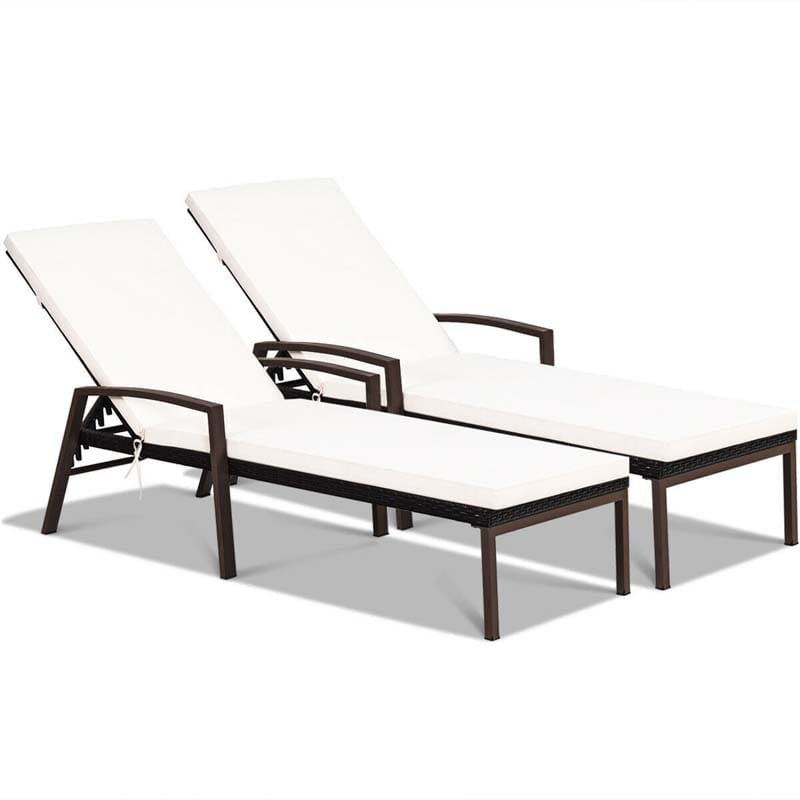 Set of 2 Patio Rattan Chaise Lounge Chairs, Outdoor Reclining Pool Sun Loungers with 5-Position Adjustable Backrest, Cushions & Armrests
