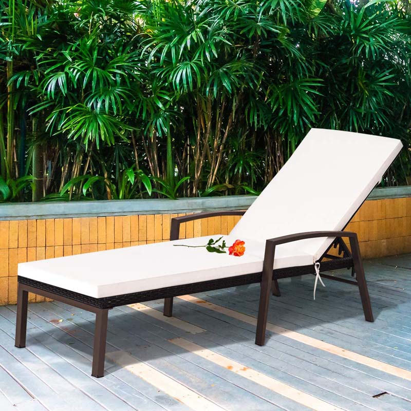 Set of 2 Patio Rattan Chaise Lounge Chairs, Outdoor Reclining Pool Sun Loungers with 5-Position Adjustable Backrest, Cushions & Armrests