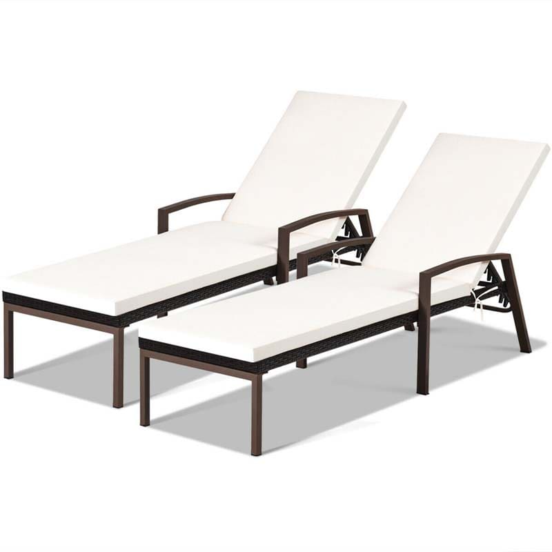 Set of 2 Patio Rattan Chaise Lounge Chairs, Outdoor Reclining Pool Sun Loungers with 5-Position Adjustable Backrest, Cushions & Armrests