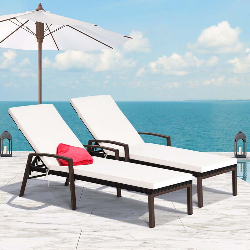 Set of 2 Patio Rattan Chaise Lounge Chairs, Outdoor Reclining Pool Sun Loungers with 5-Position Adjustable Backrest, Cushions & Armrests