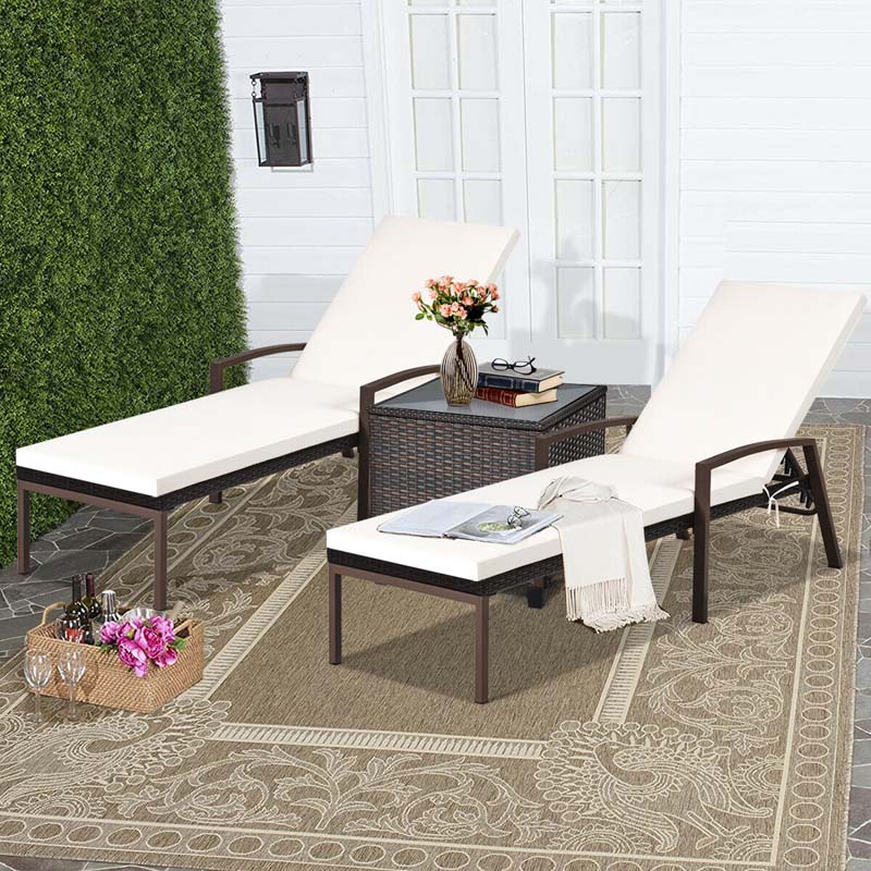 Set of 2 Patio Rattan Chaise Lounge Chairs, Outdoor Reclining Pool Sun Loungers with 5-Position Adjustable Backrest, Cushions & Armrests