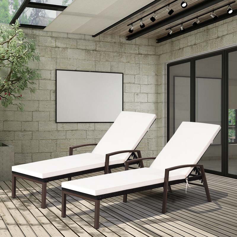 Set of 2 Patio Rattan Chaise Lounge Chairs, Outdoor Reclining Pool Sun Loungers with 5-Position Adjustable Backrest, Cushions & Armrests