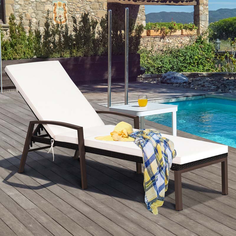 Set of 2 Patio Rattan Chaise Lounge Chairs, Outdoor Reclining Pool Sun Loungers with 5-Position Adjustable Backrest, Cushions & Armrests