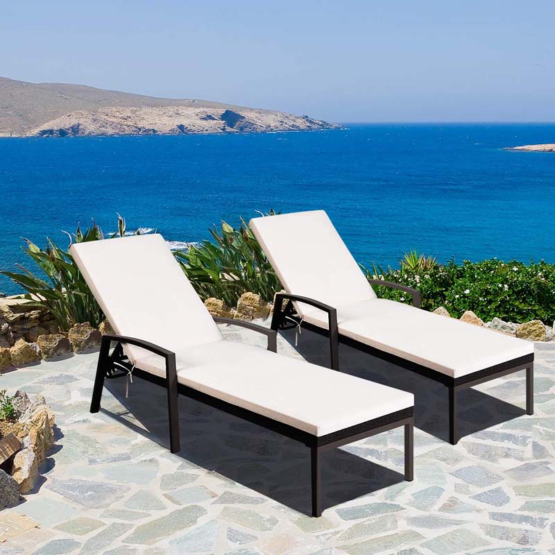 Set of 2 Patio Rattan Chaise Lounge Chairs, Outdoor Reclining Pool Sun Loungers with 5-Position Adjustable Backrest, Cushions & Armrests