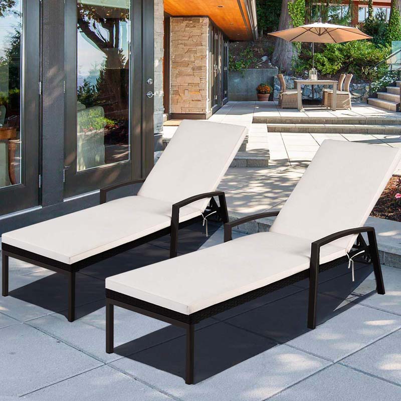 Set of 2 Patio Rattan Chaise Lounge Chairs, Outdoor Reclining Pool Sun Loungers with 5-Position Adjustable Backrest, Cushions & Armrests