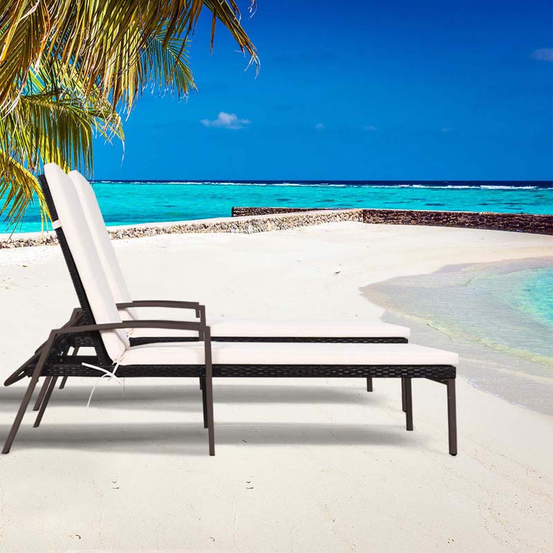 Set of 2 Patio Rattan Chaise Lounge Chairs, Outdoor Reclining Pool Sun Loungers with 5-Position Adjustable Backrest, Cushions & Armrests