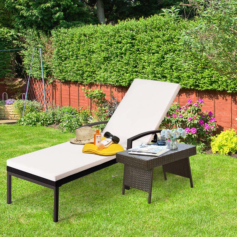 Set of 2 Patio Rattan Chaise Lounge Chairs, Outdoor Reclining Pool Sun Loungers with 5-Position Adjustable Backrest, Cushions & Armrests