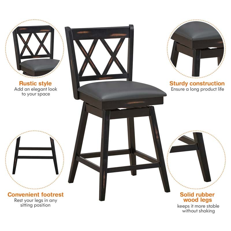 25" Swivel Bar Stools Set of 2 with Back & Rubber Wood Legs, Upholstered Counter Height Dining Chairs for Kitchen Island, Pub, Restaurant