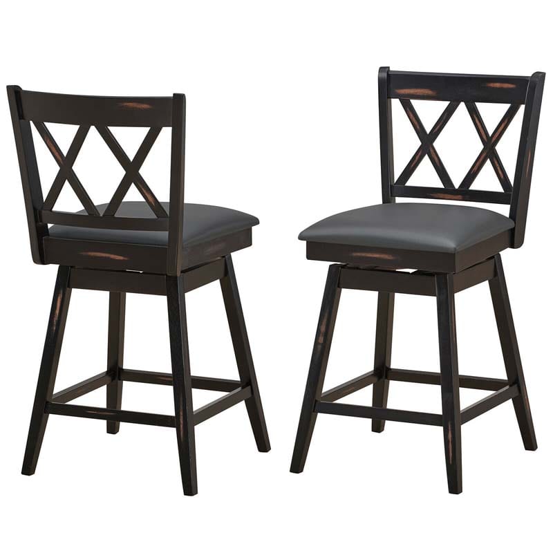 25" Swivel Bar Stools Set of 2 with Back & Rubber Wood Legs, Upholstered Counter Height Dining Chairs for Kitchen Island, Pub, Restaurant