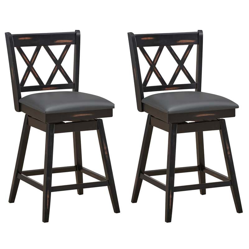 25" Swivel Bar Stools Set of 2 with Back & Rubber Wood Legs, Upholstered Counter Height Dining Chairs for Kitchen Island, Pub, Restaurant