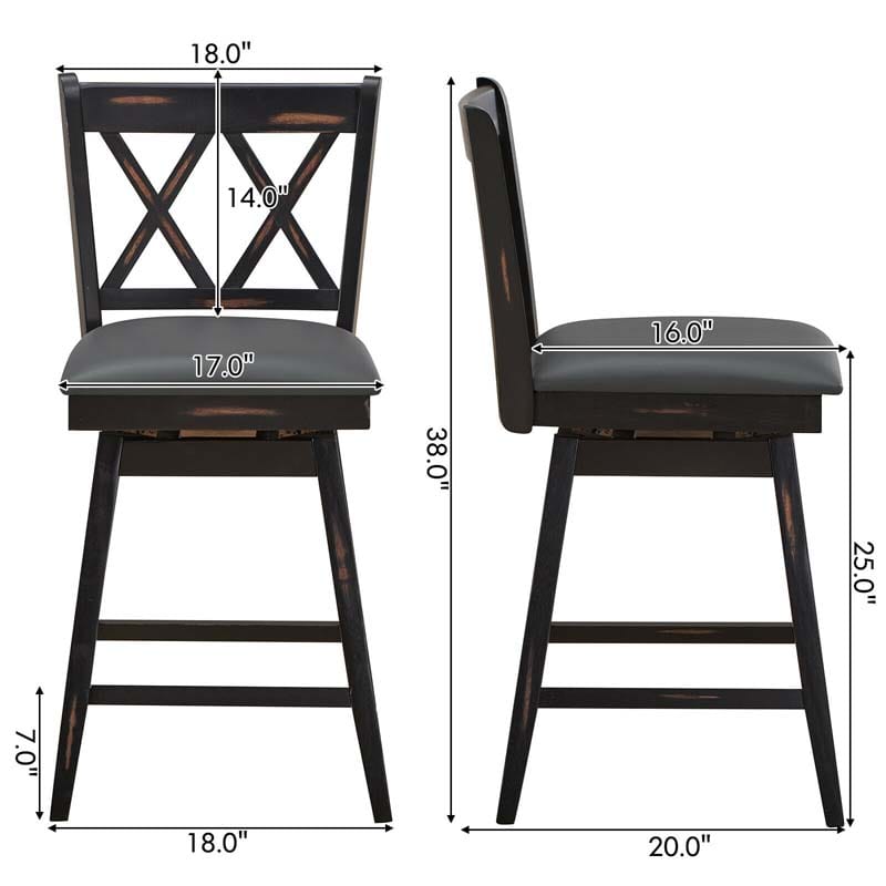 25" Swivel Bar Stools Set of 2 with Back & Rubber Wood Legs, Upholstered Counter Height Dining Chairs for Kitchen Island, Pub, Restaurant