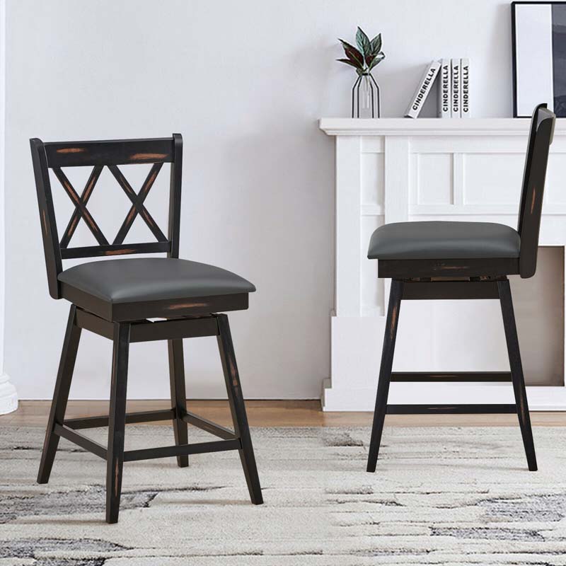 25" Swivel Bar Stools Set of 2 with Back & Rubber Wood Legs, Upholstered Counter Height Dining Chairs for Kitchen Island, Pub, Restaurant