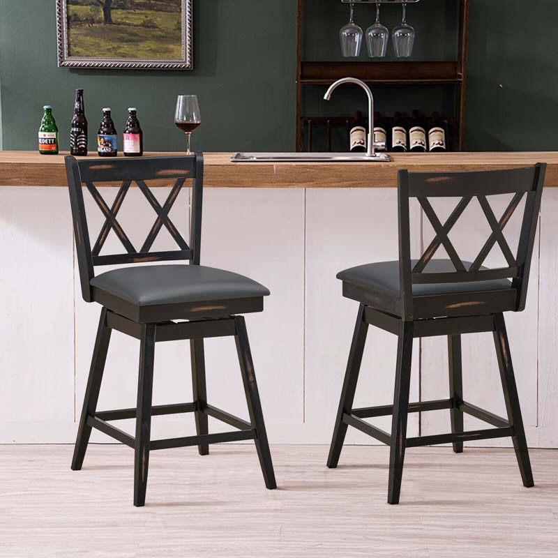 25" Swivel Bar Stools Set of 2 with Back & Rubber Wood Legs, Upholstered Counter Height Dining Chairs for Kitchen Island, Pub, Restaurant