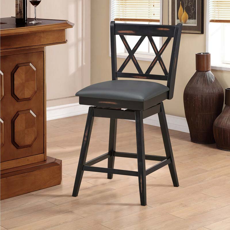 25" Swivel Bar Stools Set of 2 with Back & Rubber Wood Legs, Upholstered Counter Height Dining Chairs for Kitchen Island, Pub, Restaurant