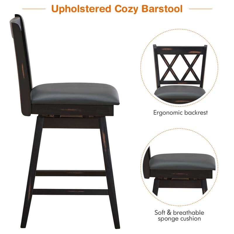 25" Swivel Bar Stools Set of 2 with Back & Rubber Wood Legs, Upholstered Counter Height Dining Chairs for Kitchen Island, Pub, Restaurant