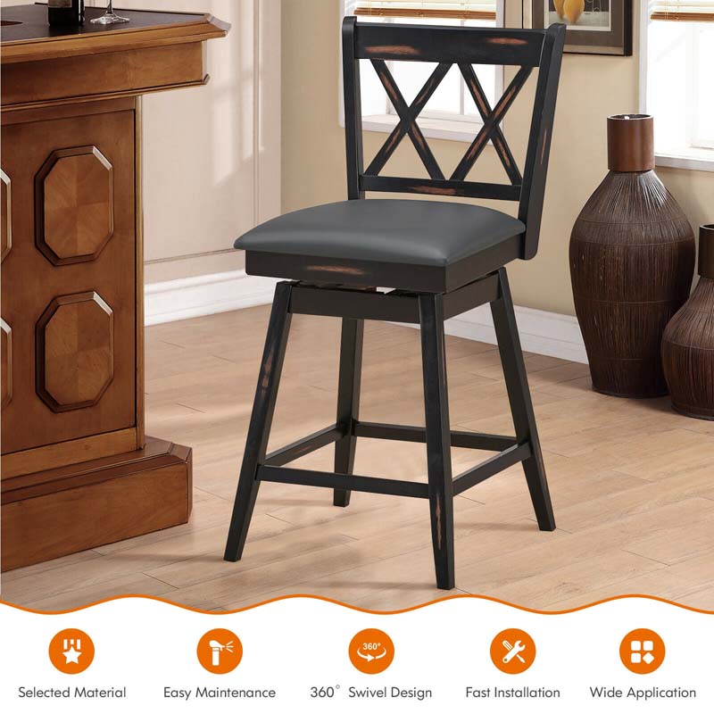 25" Swivel Bar Stools Set of 2 with Back & Rubber Wood Legs, Upholstered Counter Height Dining Chairs for Kitchen Island, Pub, Restaurant