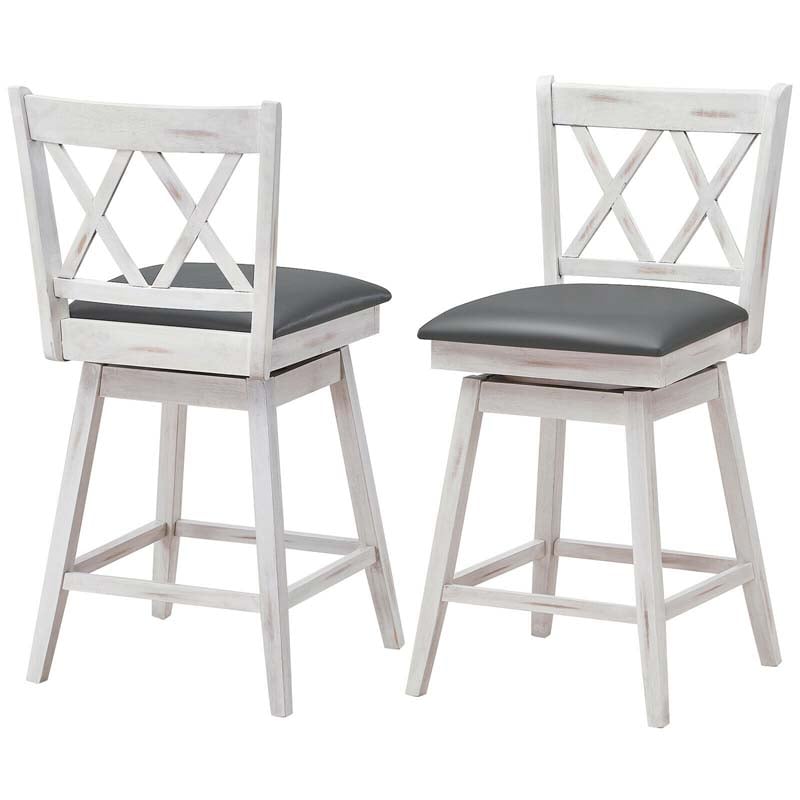 25" Swivel Bar Stools Set of 2 with Back & Rubber Wood Legs, Upholstered Counter Height Dining Chairs for Kitchen Island, Pub, Restaurant