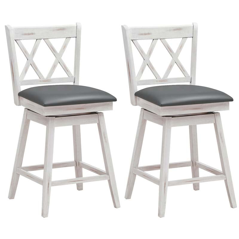 25" Swivel Bar Stools Set of 2 with Back & Rubber Wood Legs, Upholstered Counter Height Dining Chairs for Kitchen Island, Pub, Restaurant